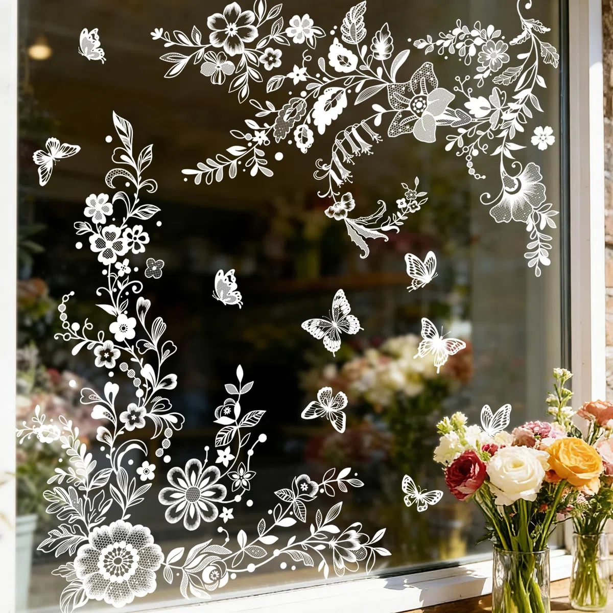 Tanlaby Pegatinas de Ventana Flores Blancas Lirio de los Valles Margaritas Mariposas Vinilos Cristales Diseño Primaveral para Ventanas Puertas de Vidrio Salón Dormitorio Oficina