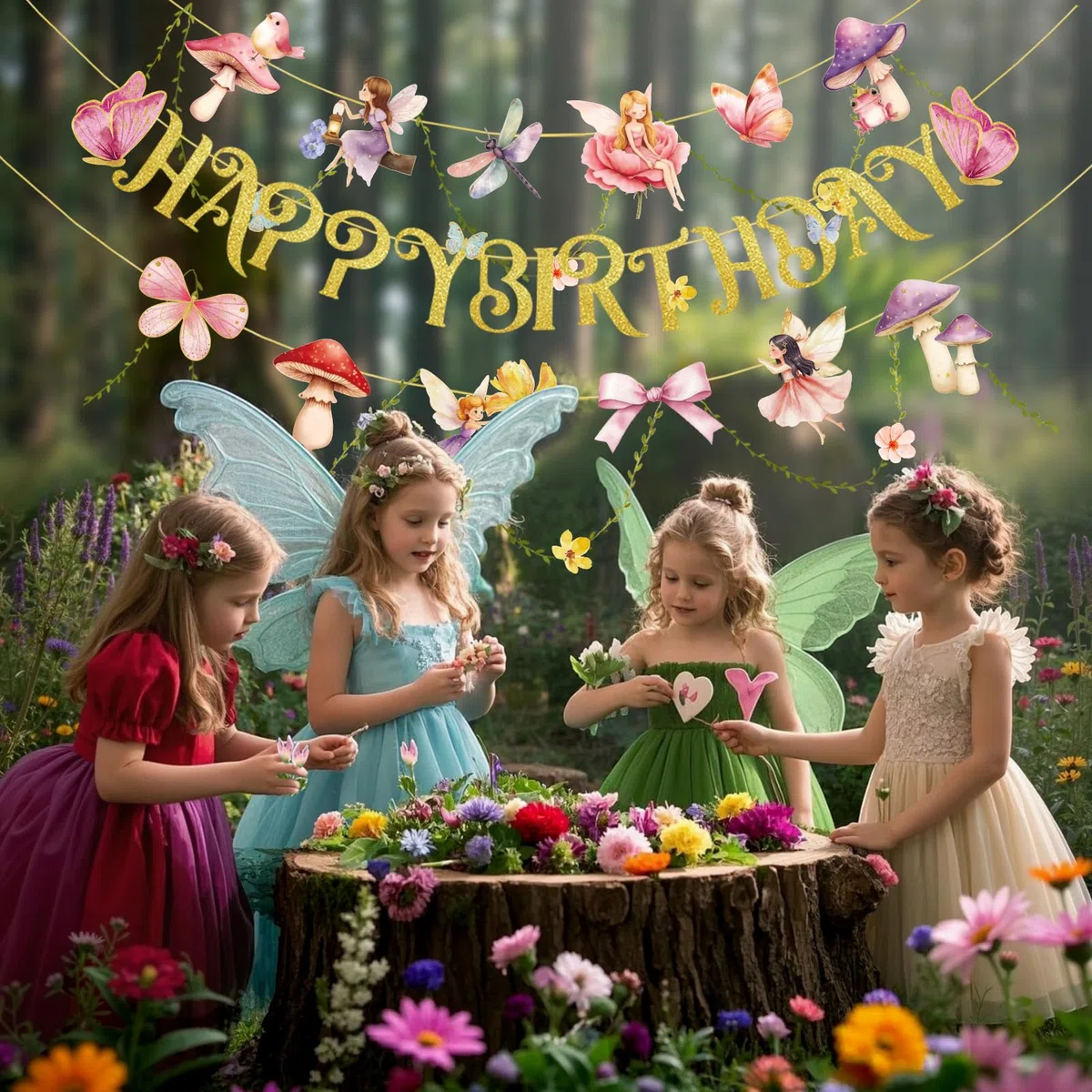 SUNBEAUTY Happy Birthday Girlande Rosa Hadas Cumpleaños Decoración Flores Guirnalda Mariposas Decoración para Cumpleaños Infantiles Jardín Fiesta Decoración Primavera Verano Decoración Interior