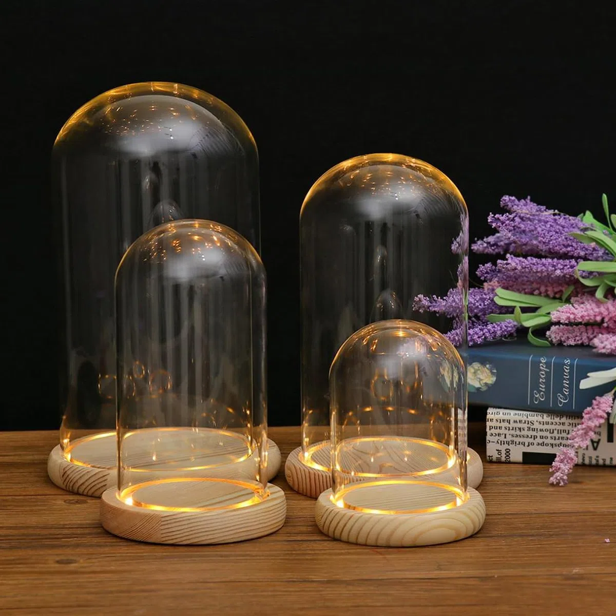 BORDEAG Campana de cristal con suelo de madera, campana de cristal decorativa con base de madera, cúpula de cristal con base de madera natural, cúpula de cristal decorativa alta, cúpula de cristal