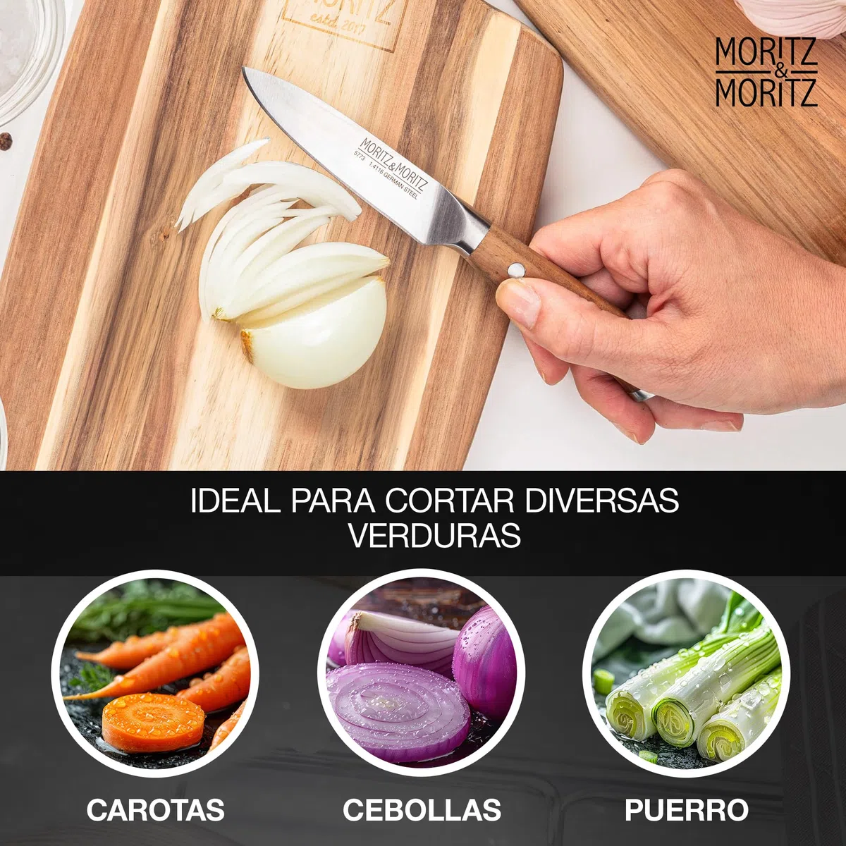 Moritz Cuchillo 9 cm para cortes precisos de verduras y frutas - mango ergonómico de acacia - multiusos de acero alemán