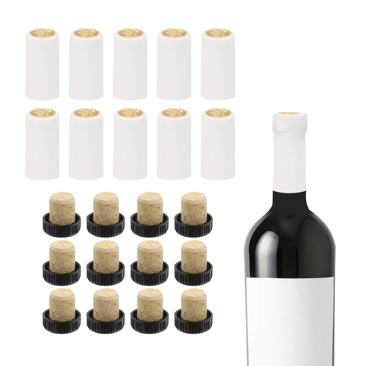 QUARKZMAN 100 Piezas de Cápsulas Termorretráctiles de PVC con 12 Tapones de Corcho en Forma de T para Sellador de Botellas de Vino, Envolturas Termorretráctiles, 30x60mm, Blanco