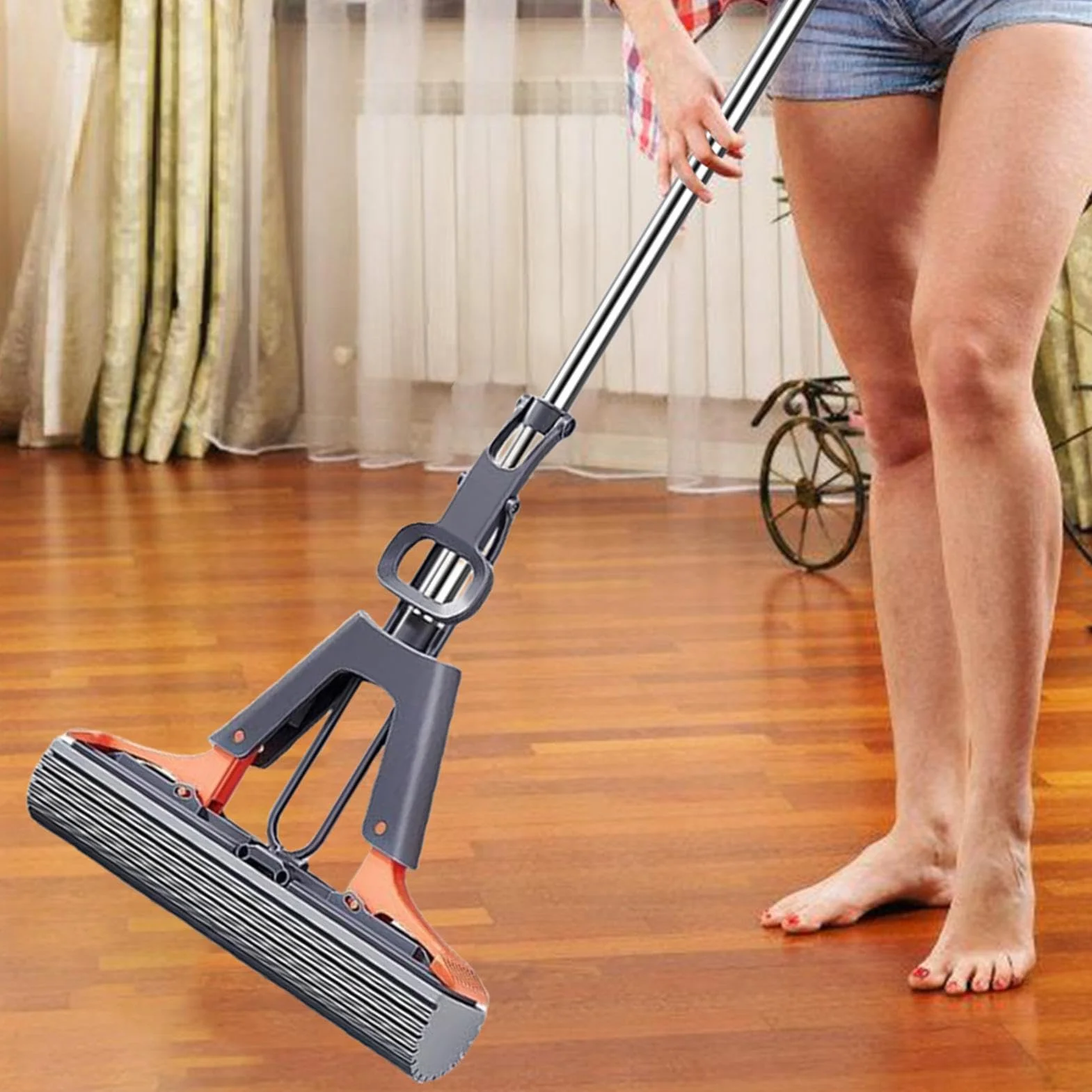 Fregona con rodillo para piso, fregona de piso de esponja de PVA, mango ajustable simplificado, esponja de PVA con agujero para colgar, 2 cabezales de esponja, fregona absorbente para balcón, cocina