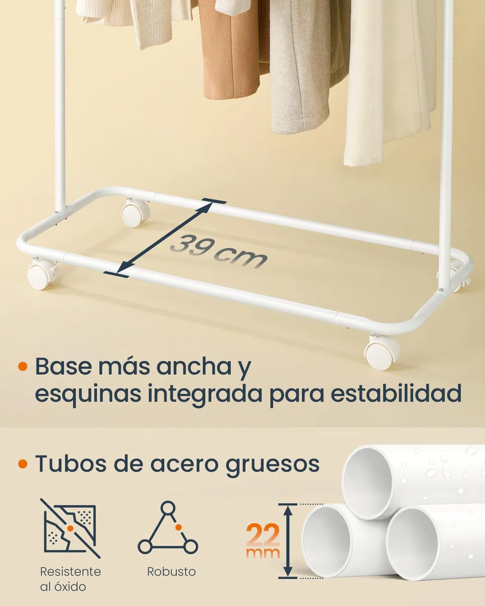 SONGMICS HOME Perchero, Perchero Metálico con Ruedas, 1 Barra para Colgar, Ganchos para Cerillas, Blanco Mate HSR170W01