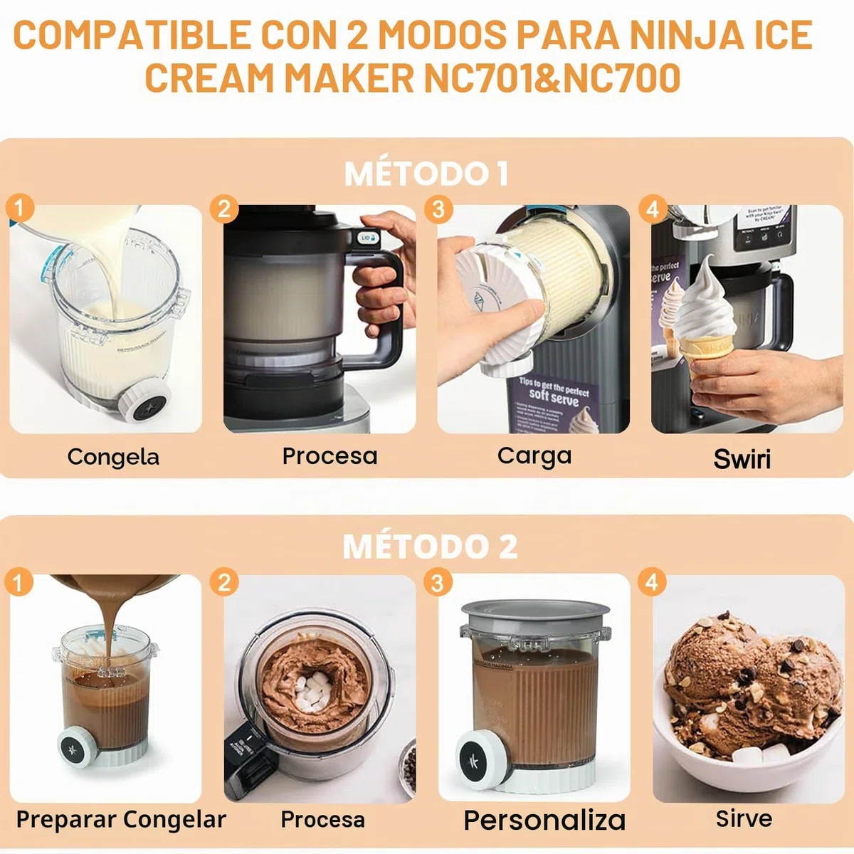 Recipientes de Repuesto 2 Piezas para Ninja Swirl CREAMi - Compatibles con las heladeras Ninja Creami de las series NC701 y NC700 - Sin BPA - Apto para lavavajillas