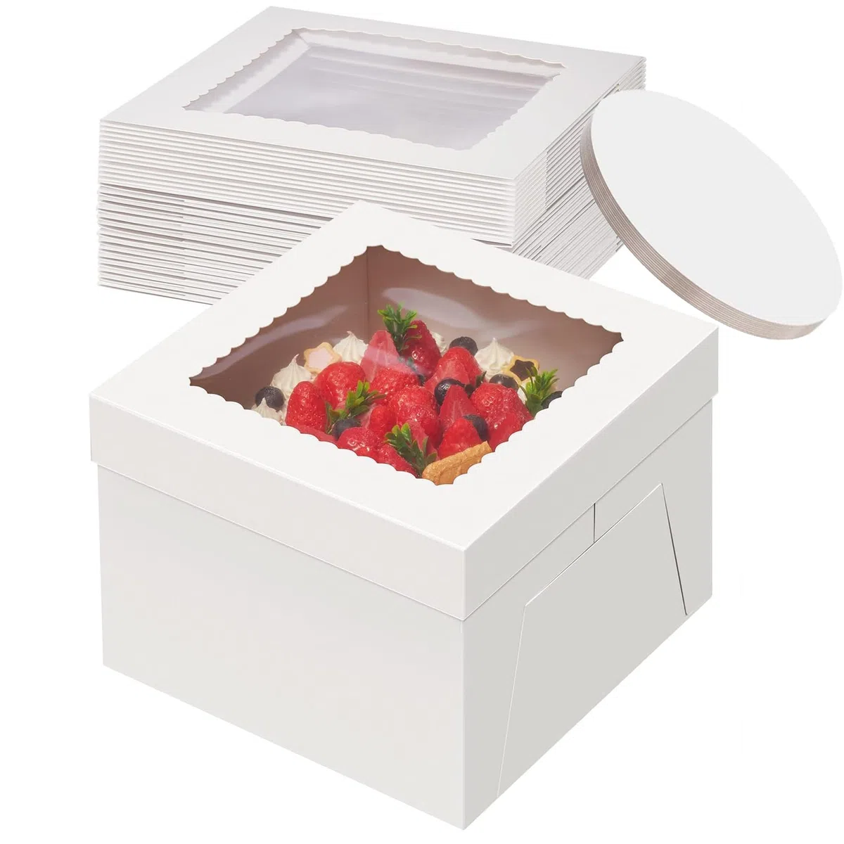 10 Pack Cajas para Tartas, 25,4 x 25,4 x 20,3cm Caja de Cartón Blanca Con Ventana y 10 Bandejas Redondas