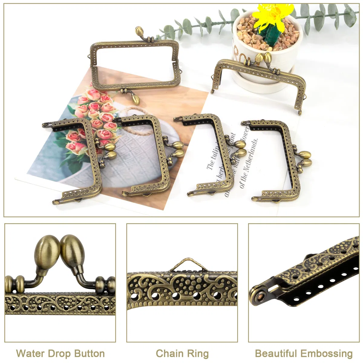 Boquillas para Monederos Cuadradas Marcos Metal 10,5cm para Bolso para Bricolaje Artesanía Monedero Manija de Bolsillo Costura 6 Piezas