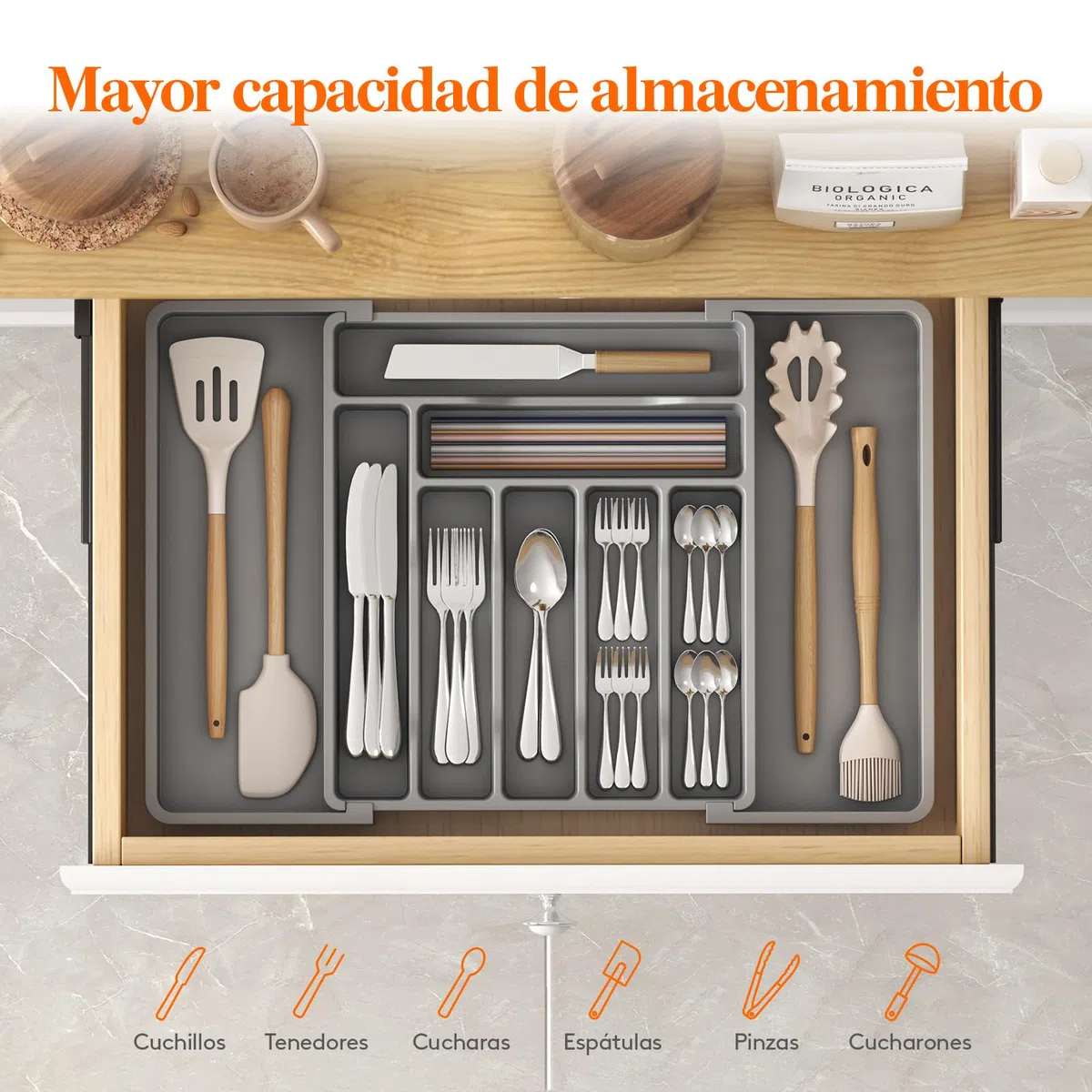 Lifewit Organizador Cuberteros para Cajon, Bandeja de Utensilios Extensible para Cocina, Separador Vajilla de Plástico para Almacenaje Cocina,Guarda Cuchillo Cuchara Tenedor,Mediano,Paquete de 2,Gris