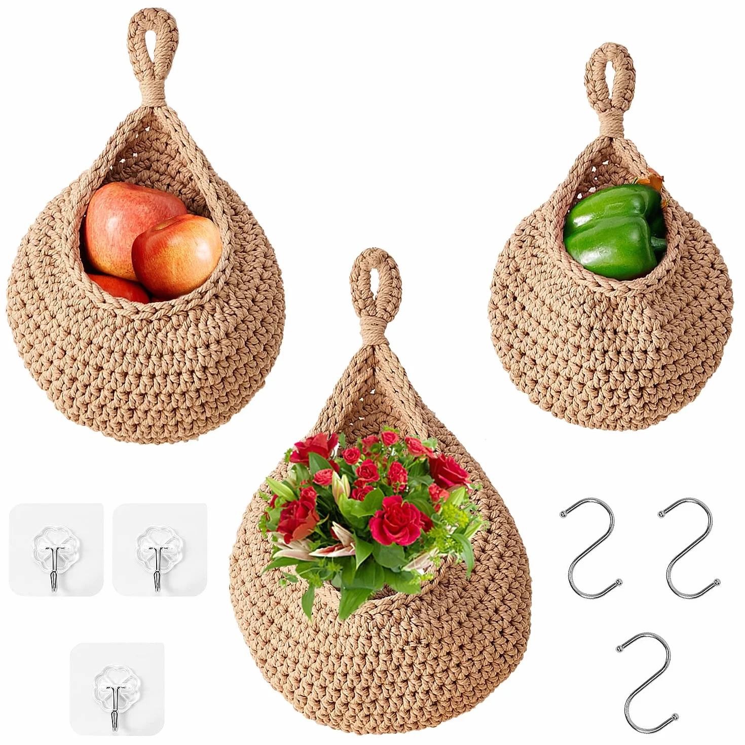 3 Piezas Cestos para colgar de mimbre tejidos a mano - Almacenaje y decoración bohemia para frutas, verduras, flores y juguetes de peluche (Yute)