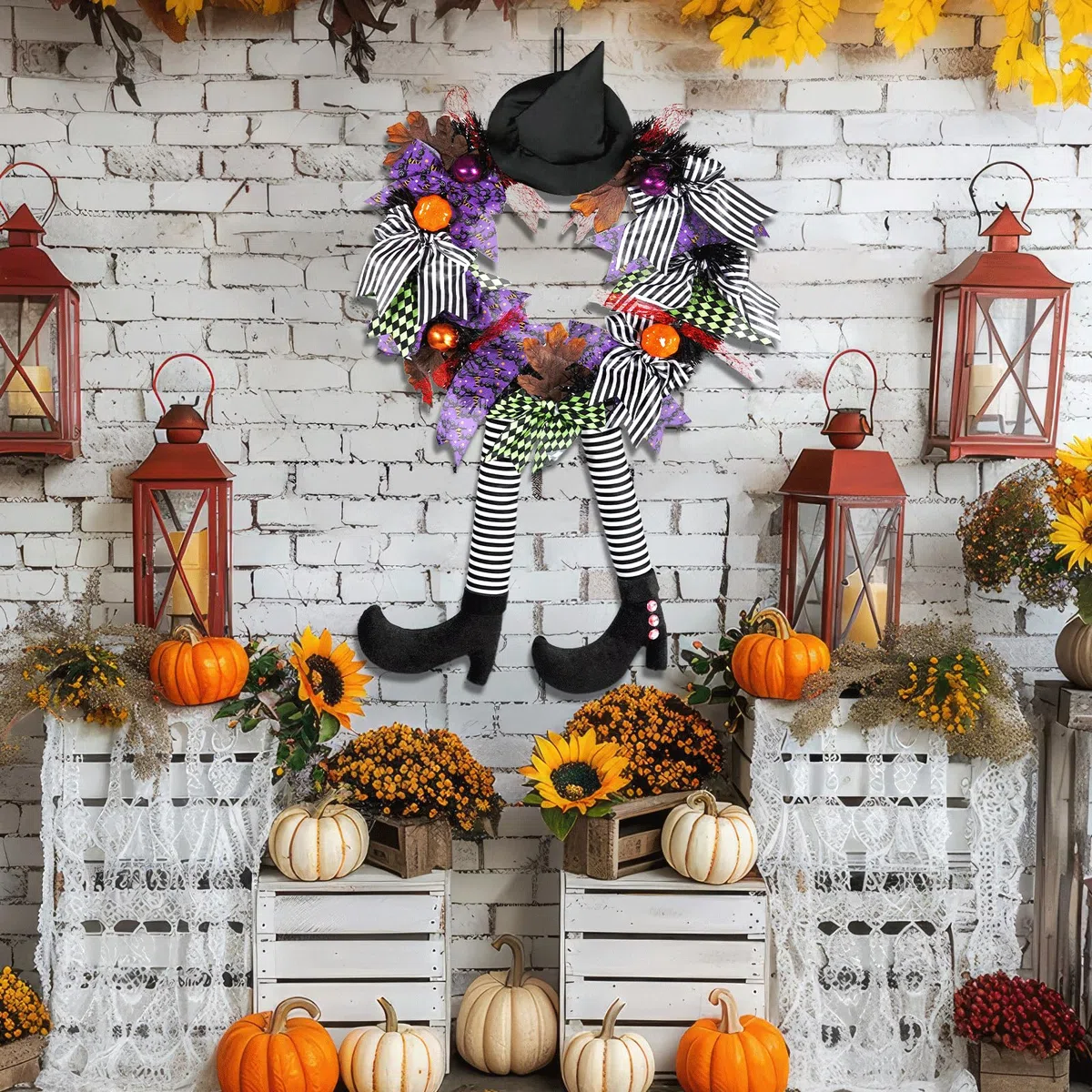 35cm Decoración de Corona de Halloween, Corona de Bruja de Halloween, Corona de Bruja con pies y Sombrero de Bruja y Calabaza, Corona de Halloween, Decoración Puerta Halloween para Casa