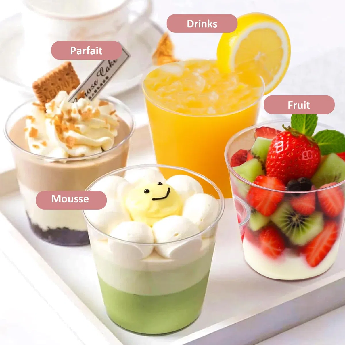 50 Vasos de Postre Transparentes Redondos 200ml con Tapas, Cucharas y 20 Adornos de Chispas - Reutilizables para Pudín, Mousse, Helado, Fiestas