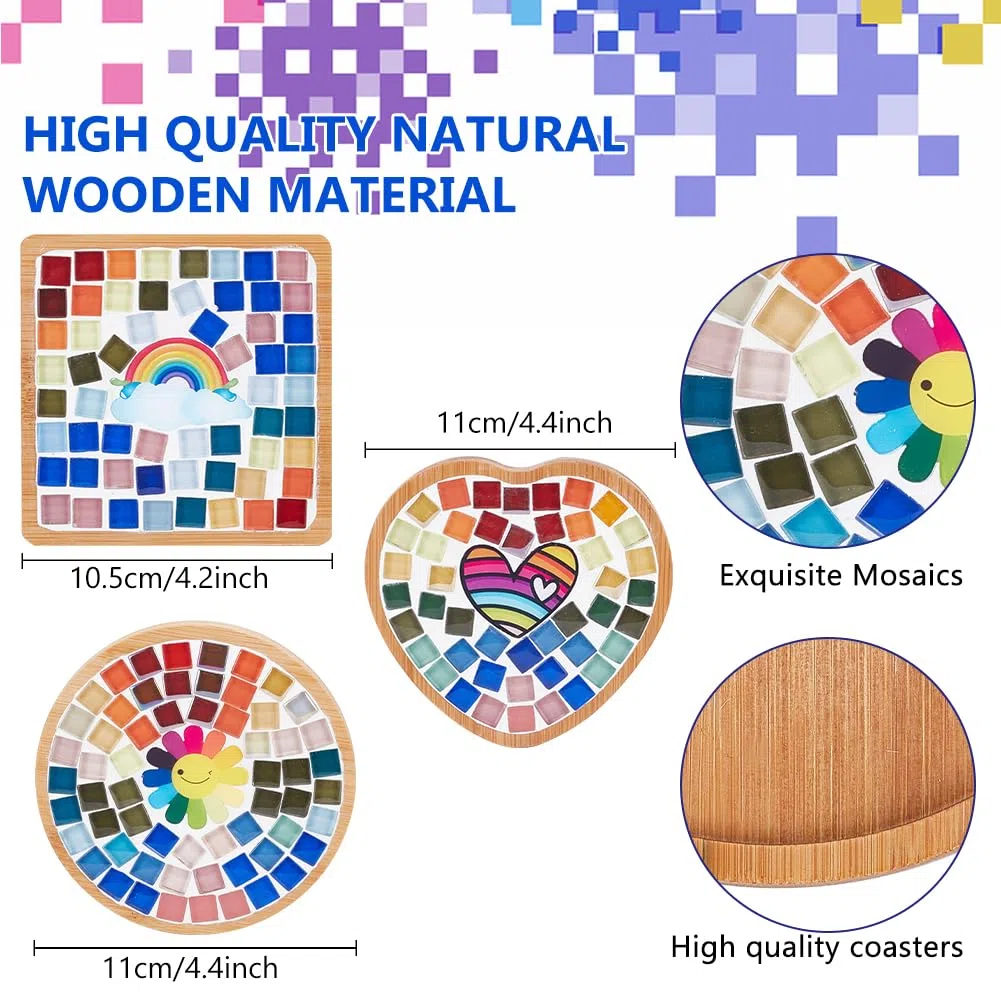 WEBEEDY Juego de 3 posavasos de mosaico de arco iris, piezas de vidrio de mosaico teñidas, azulejos de mosaico de cristal para manualidades, decora tu propio corazón de flores y posavasos de diseño de