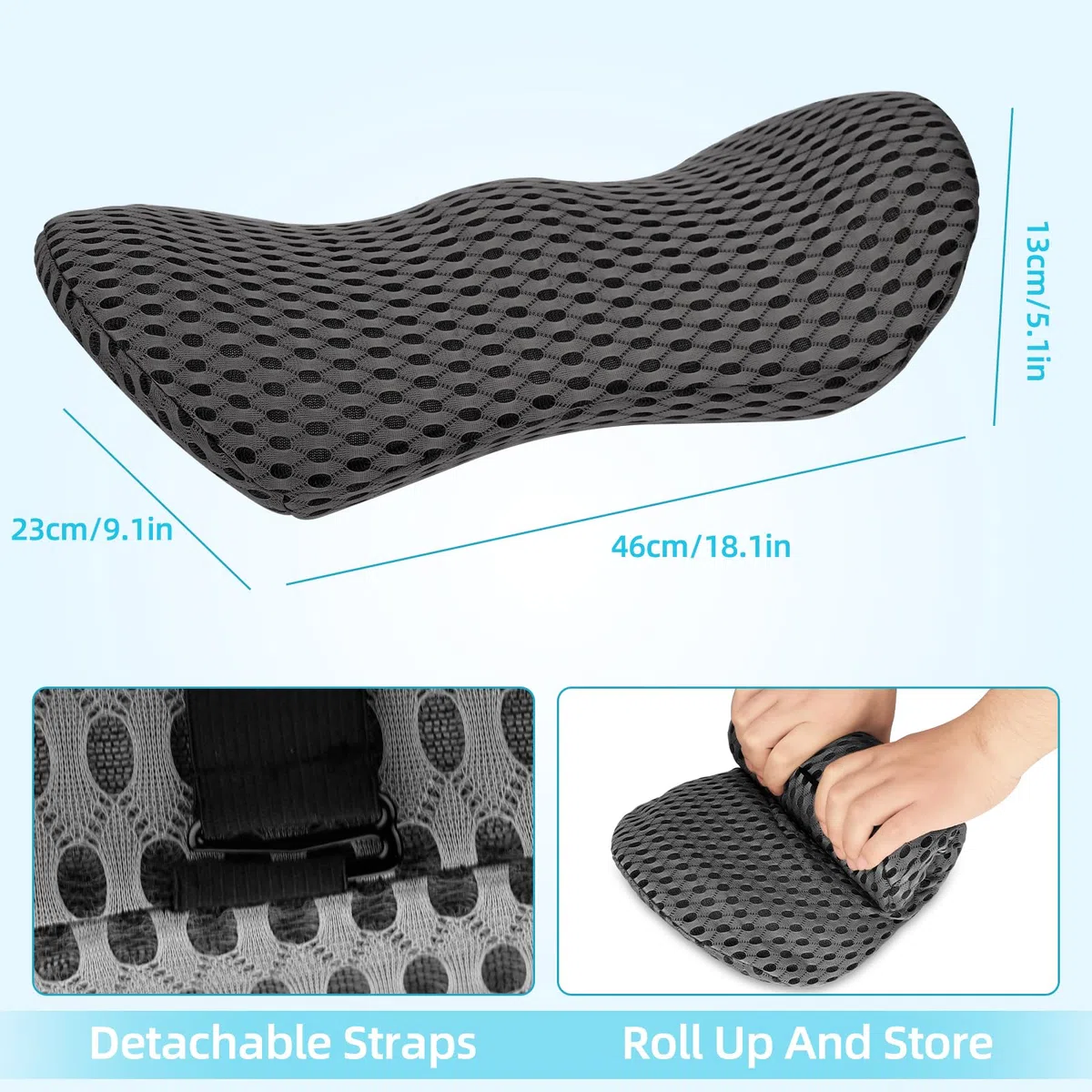 Cojín Lumbar ergonómico - Cojín Lumbar Silla Oficina,Cojín Lumbars Dormir con Funda Transpirable y Correa Ajustable,Almohada Lumbars Ergonómico para Coche,Silla Oficina,Cama,Sofá