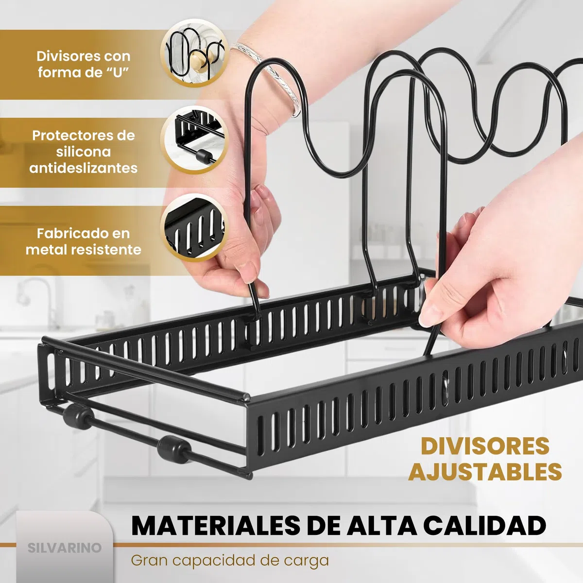 organizador sartenes y ollas cajon - 10 compartimentos y un soporte adhesivo para tapas - organizador de platos para armario y cajones de cocina