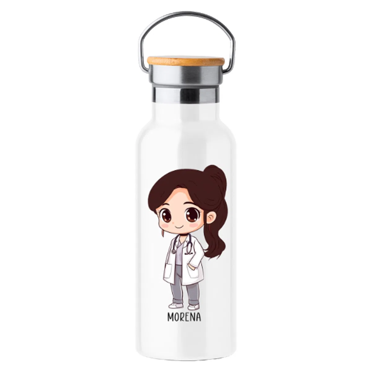 Botella Térmica para medicas personalizada de Acero Inoxidable, 500ml, Diseño Médico Personalizado con Nombre, Tapa de Bambú, Blanco (Botella médica personalizada, MORENA)