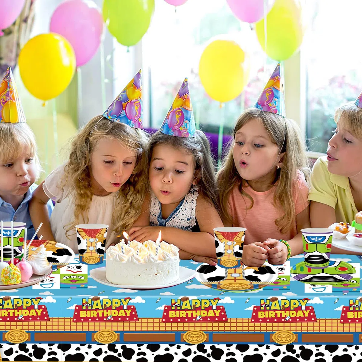 Juego de vajilla para fiestas Toy Story de 61 piezas, decoraciones para fiestas de cumpleaños infantiles, que incluye vasos, platos, manteles y servilletas, con capacidad para 20 invitados