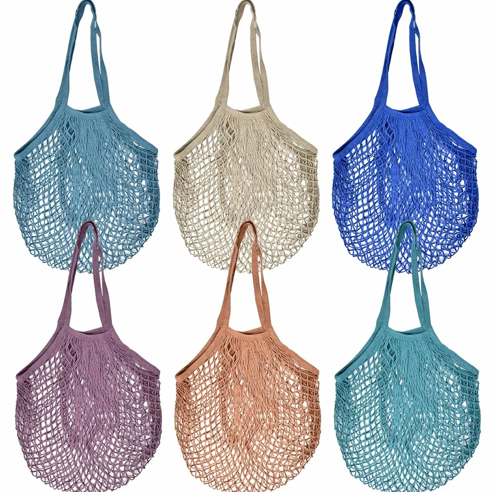 NAROSEBE 6 Pcs Bolsas de Red para Compra Bolsas Ecologicas para Fruta 6 Color Bonito Bolsa de Red de Almacenamiento Algodón Bolsa Malla Playa Lavables y Reutilizable, 60 * 40cm Plegable, Carga 5kg