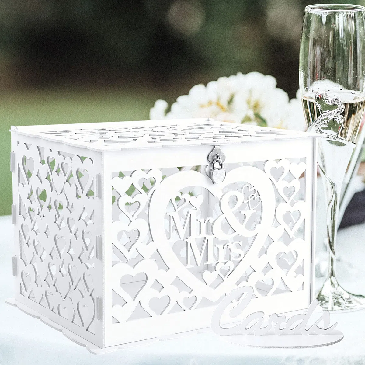 Benjia Caja para Tarjetas de Regalo de Boda, Hueca Caja de Tarjetas de Madera con Cerradura y Ranura para Tarjetas de Dinero Caja de Sobres para Boda Cumpleaños Aniversario Agradecimiento (Blanco)