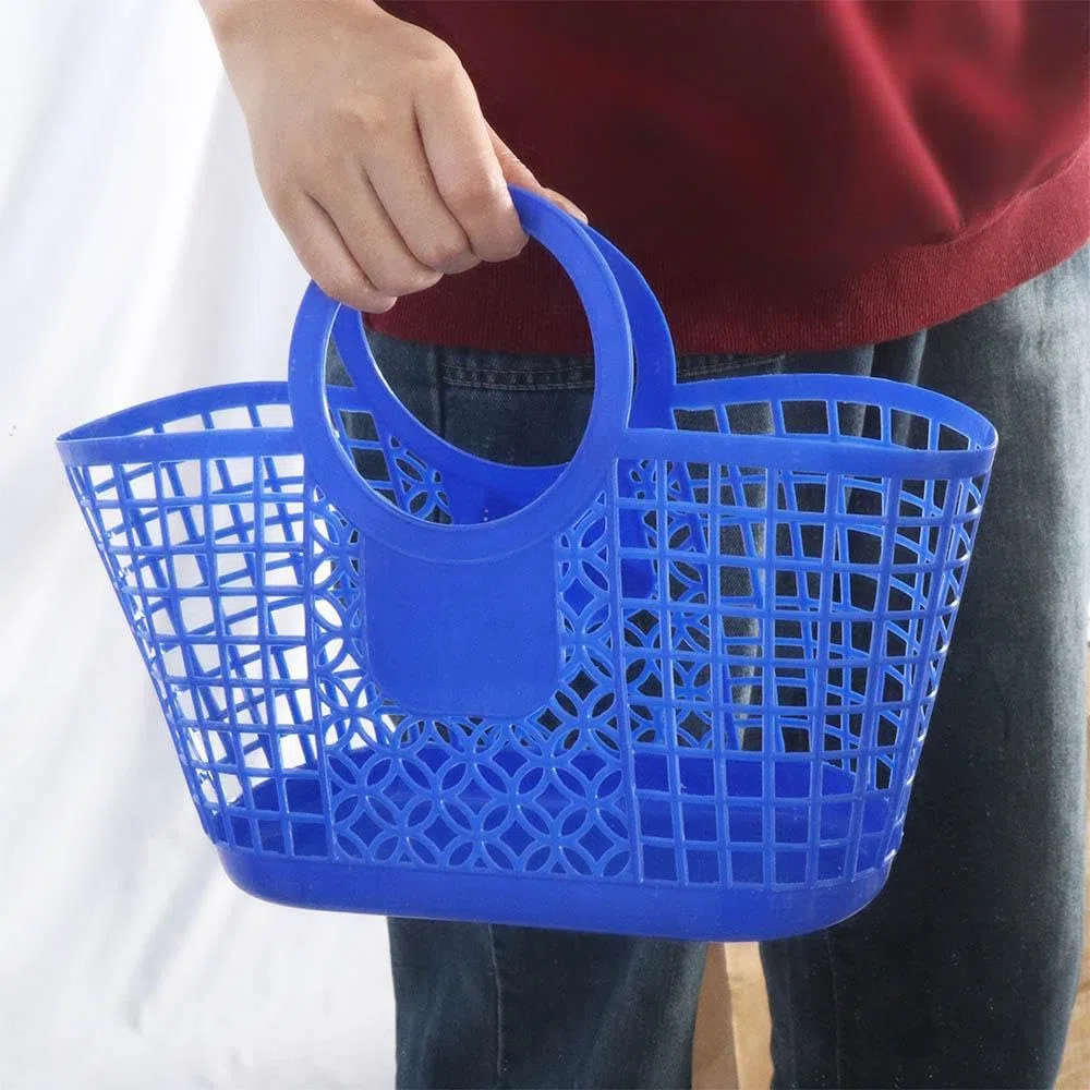 Cestas de compras huecas, bolsos de playa reutilizables, bolso de playa de plástico de color, cesta de almacenamiento de verduras portátil, cesta de baño y ducha (amarilla)