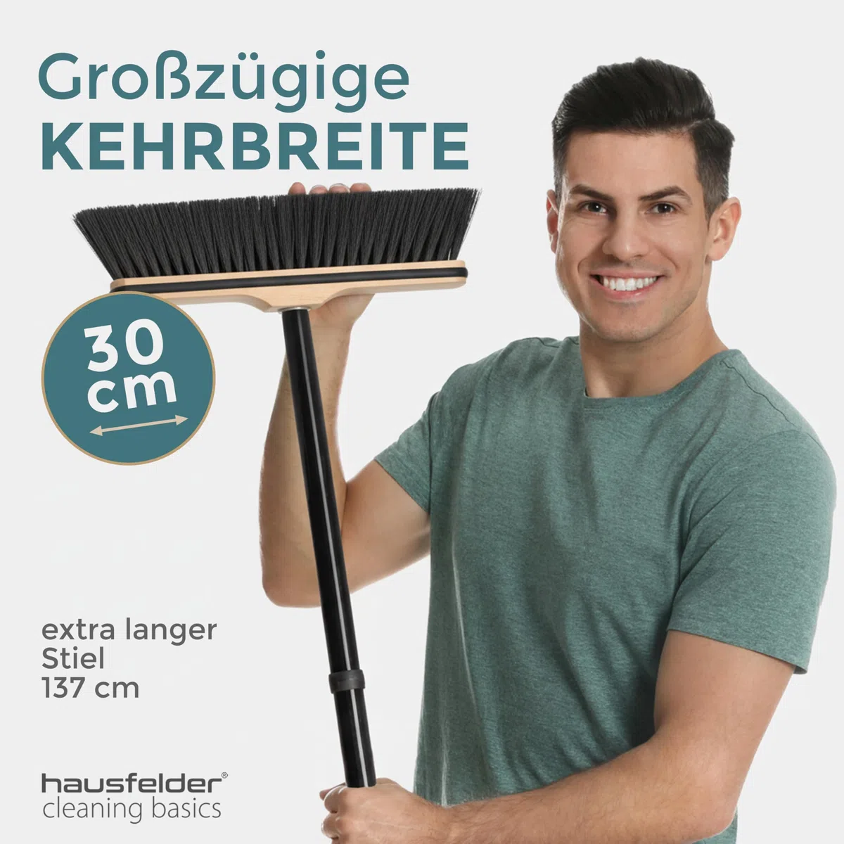 Hausfelder Escoba de 30 cm con mango de 4 piezas y protección de bordes, escoba para parqué, azulejos, interiores, escoba con cerdas sintéticas suaves para el cabello, polvo, mango de tornillo para