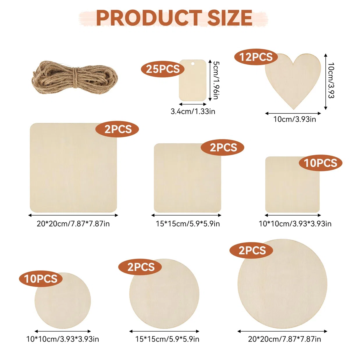 65 unidades de placas de madera sin tratar para manualidades, redondas, cuadradas, en forma de corazón, espacios en blanco, pirograbado, escritura, decapado de madera, juego para manualidades,