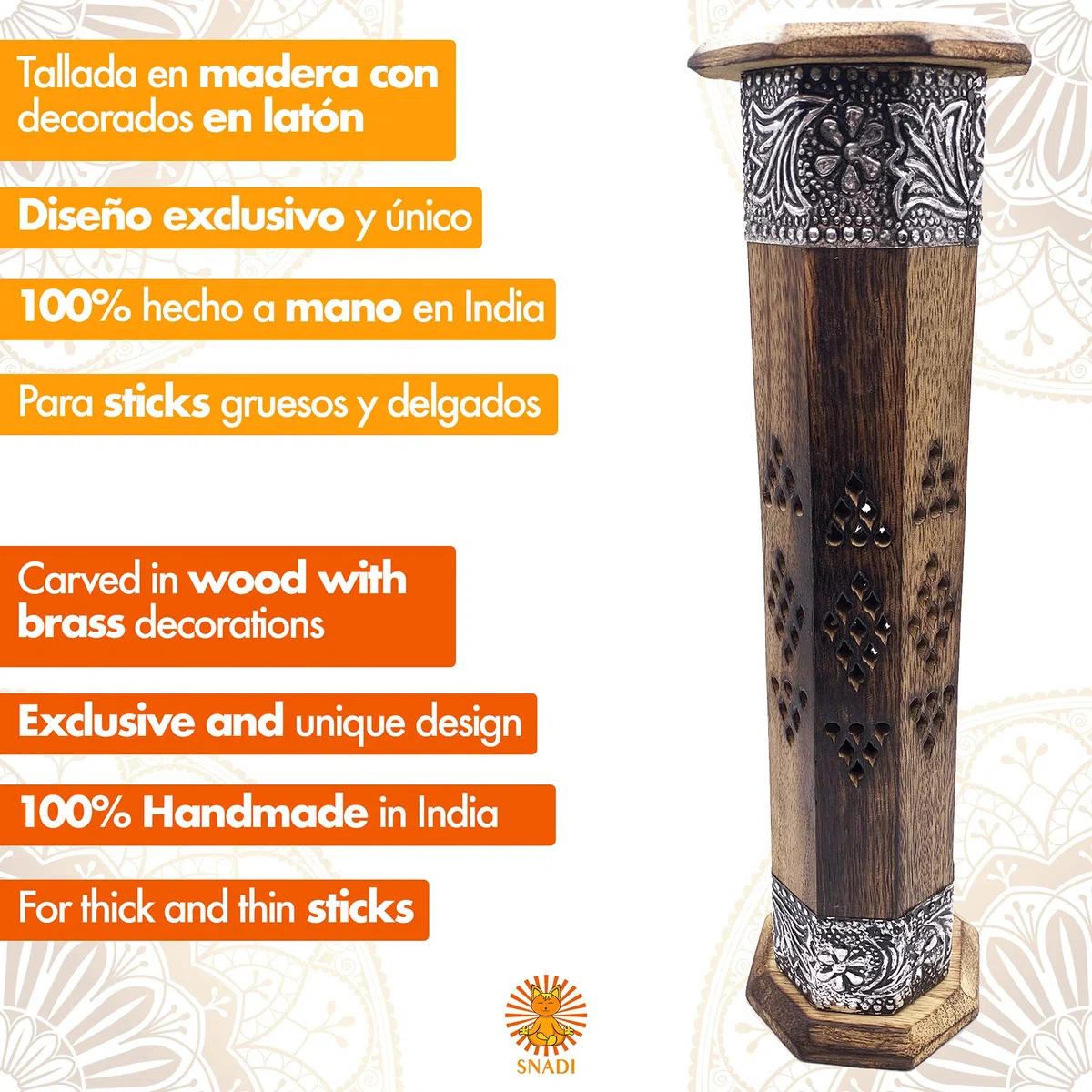 Quemador de Incienso (incensario) Torre en Madera Tallada a Mano en India - Exclusivo y único diseño. 30x8x8 cm - Peso 190 g. Porta Incienso Madera