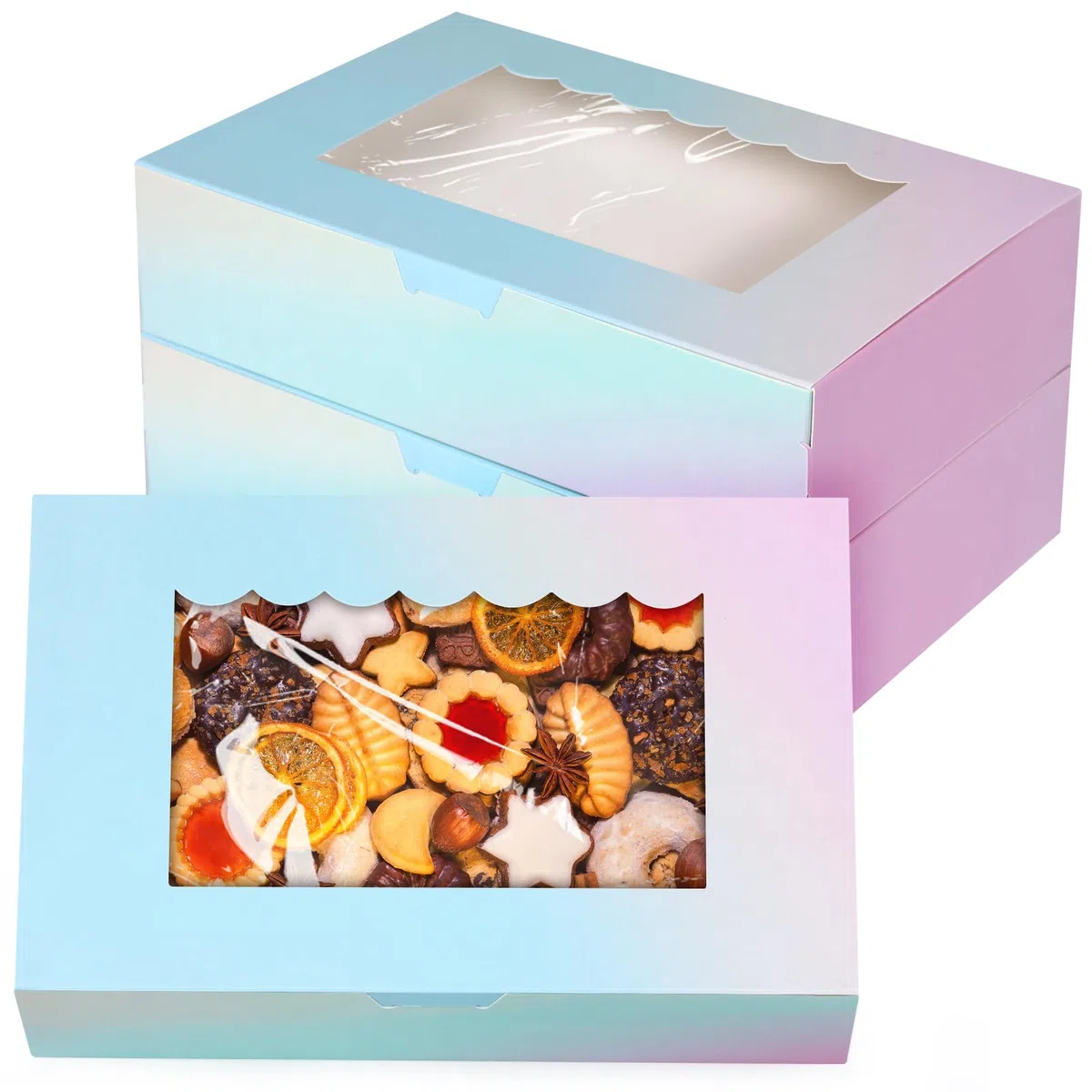 Caja de Repostería de 20 Piezas, 21,5 x 14 x 5,1 cm Con Ventana Transparente Para Regalo, Navidad, Galletas, Pastelería, Tarta, Bizcochos de Colores