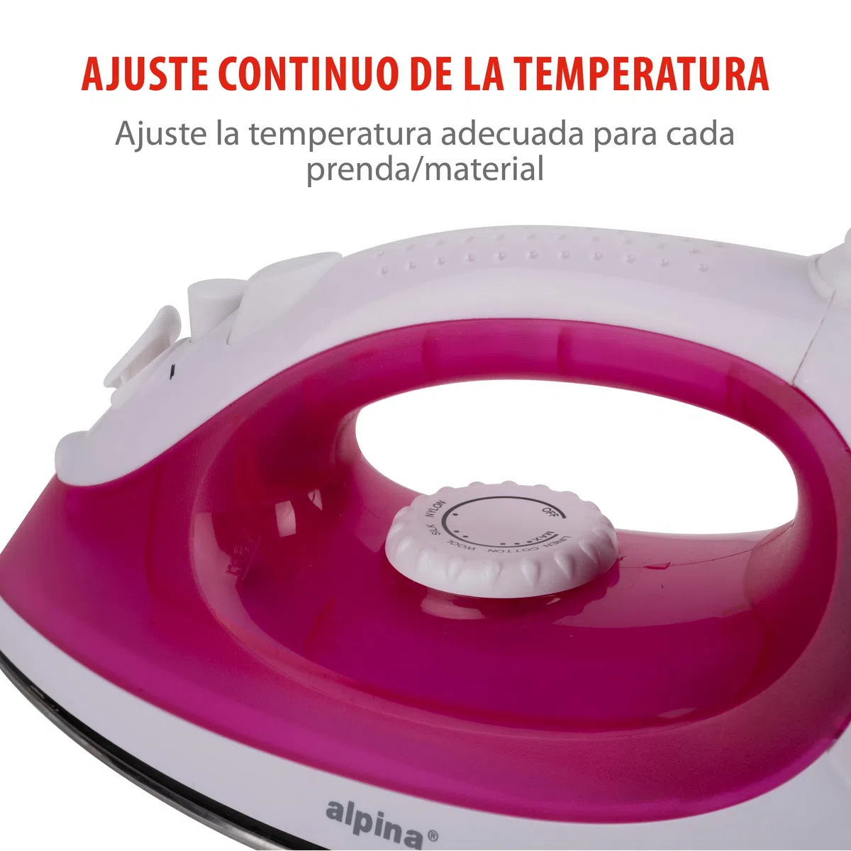alpina Plancha Vapor - Plancha Ropa 1850-2200W - Ferro de Engomar con Función de Vapor y Rociado de Agua - Temperatura Ajustable y Depósito de Agua de 90ml - Rosa/Blanco
