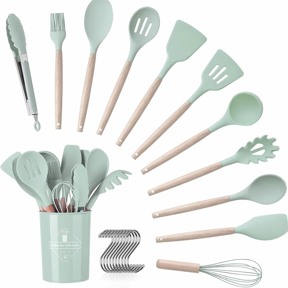 Set de utensilios de cocina, 12 piezas, utensilios de cocina con mango de silicona y madera, saludables, con revestimiento antiadherente, aptos para lavavajillas, diseño resistente al calor.