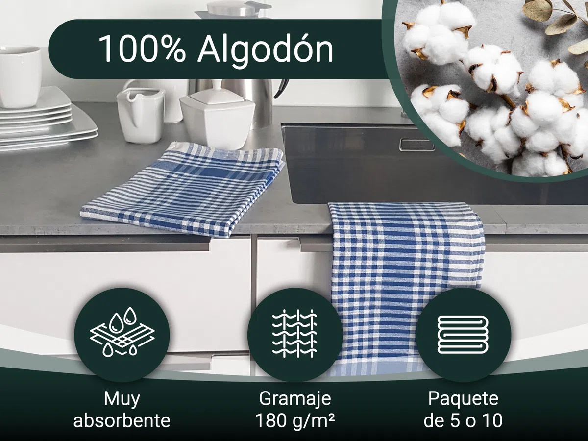 ZOLLNER 10 paños de Cocina algodón, 50x70 cm, a Cuadros Azules