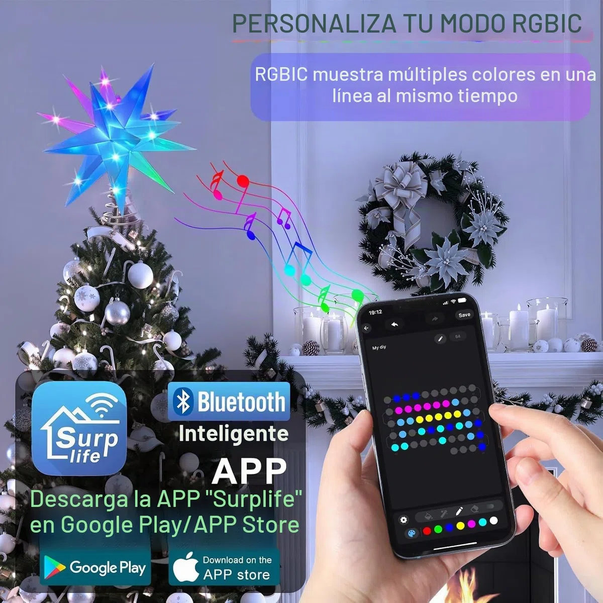 Estrella Arbol de Navidad 3D iluminada,Decoracion arbol de Navidad iluminada Inteligente de 10‘’ en Punta de árbol, Control por aplicación Bluetooth, sincronización de música