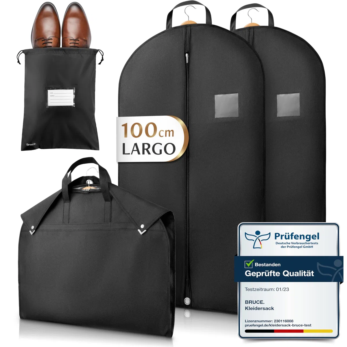 Bruce.® 2x Fundas Ropa Armario 100x60cm con 1x Bolsa de Zapatos, Antipolillas Bolsa Almacenaje Ropa con 120 GSM, Porta trajes Caballero o Mujer para Viaje, Bolsas Guardar Ropa Colgada con Cremallera
