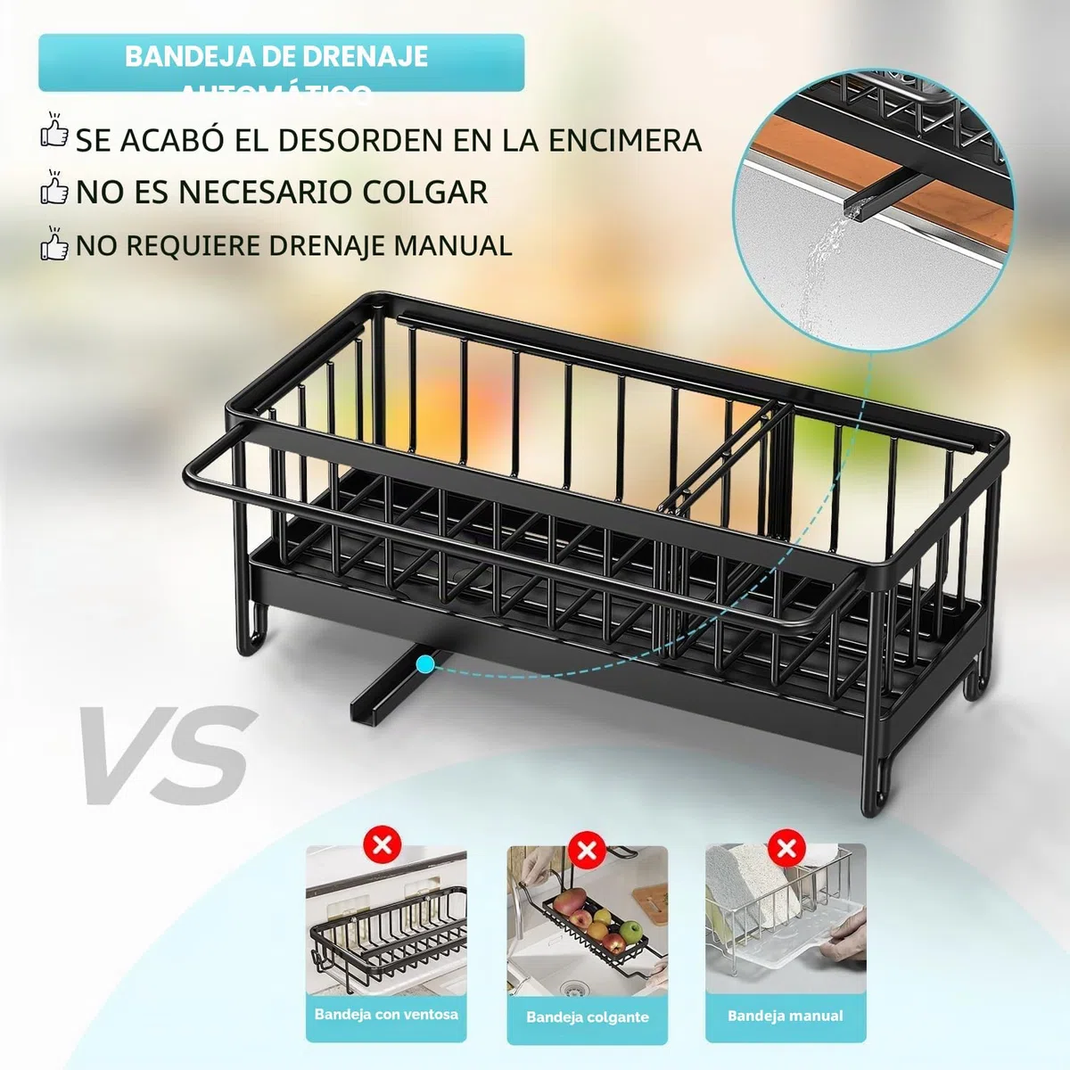 Organizador Fregadero, Soporte Estropajo Fregadero de Cocina Acero Inoxidable con Bandeja de Desagüe Extraíble, Toallero y divisores Ajustables, Cocina Organizador de Lavado, Negro