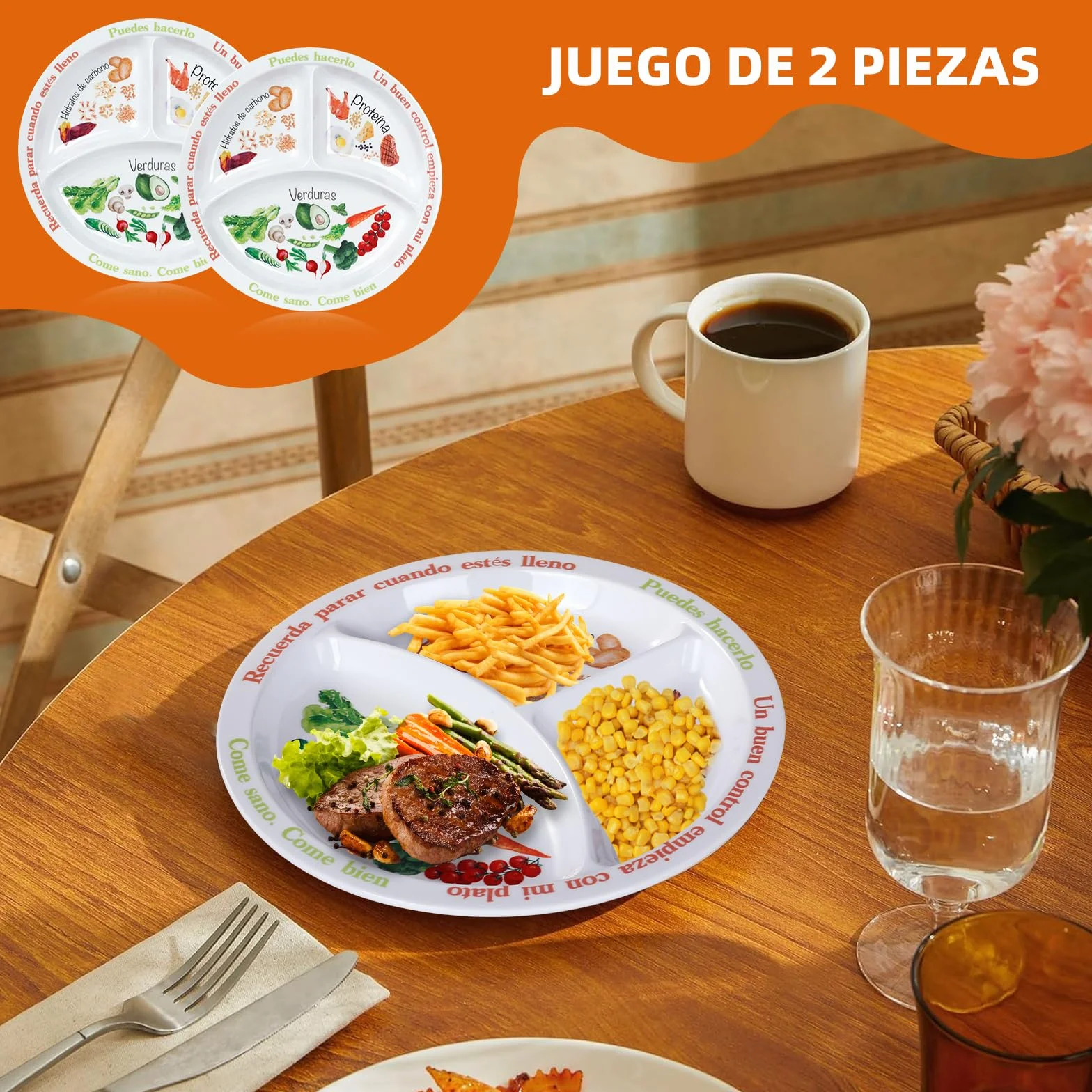 Plato de control de porciones para nutrición equilibrada – Platos de alimentación saludable para adultos y adolescentes – Separadores de melamina, pérdida de peso, diabetes (2)