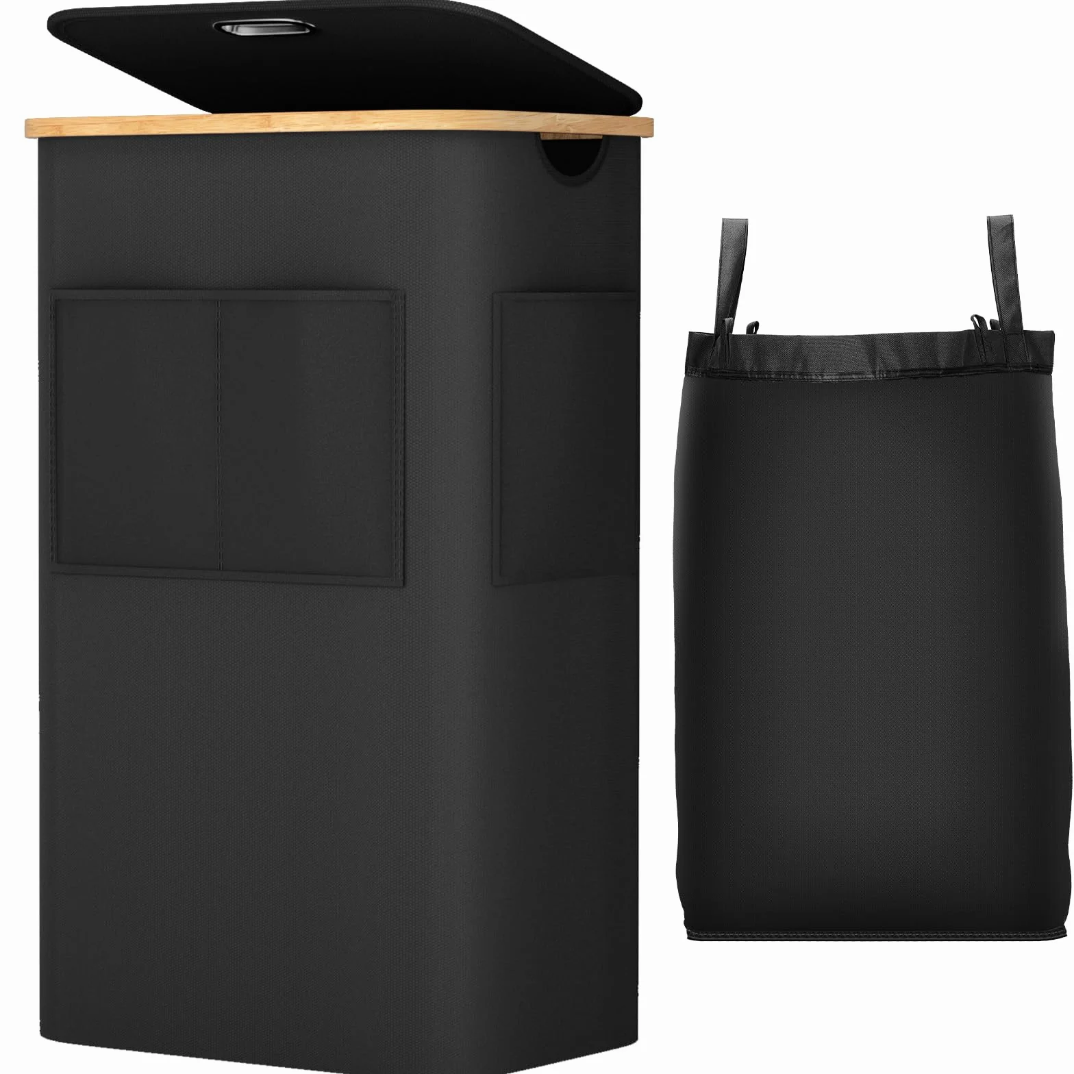 OUSFOT Cesto Ropa Sucia con Tapa 105L, Cubo Ropa Sucia con Asa de Bambú, Laundry Basket de Tejido Oxford 600D Impermeable con Bolsa Extraíble y Bolsillo Frontal, para Lavadero Dormitorio, Negro