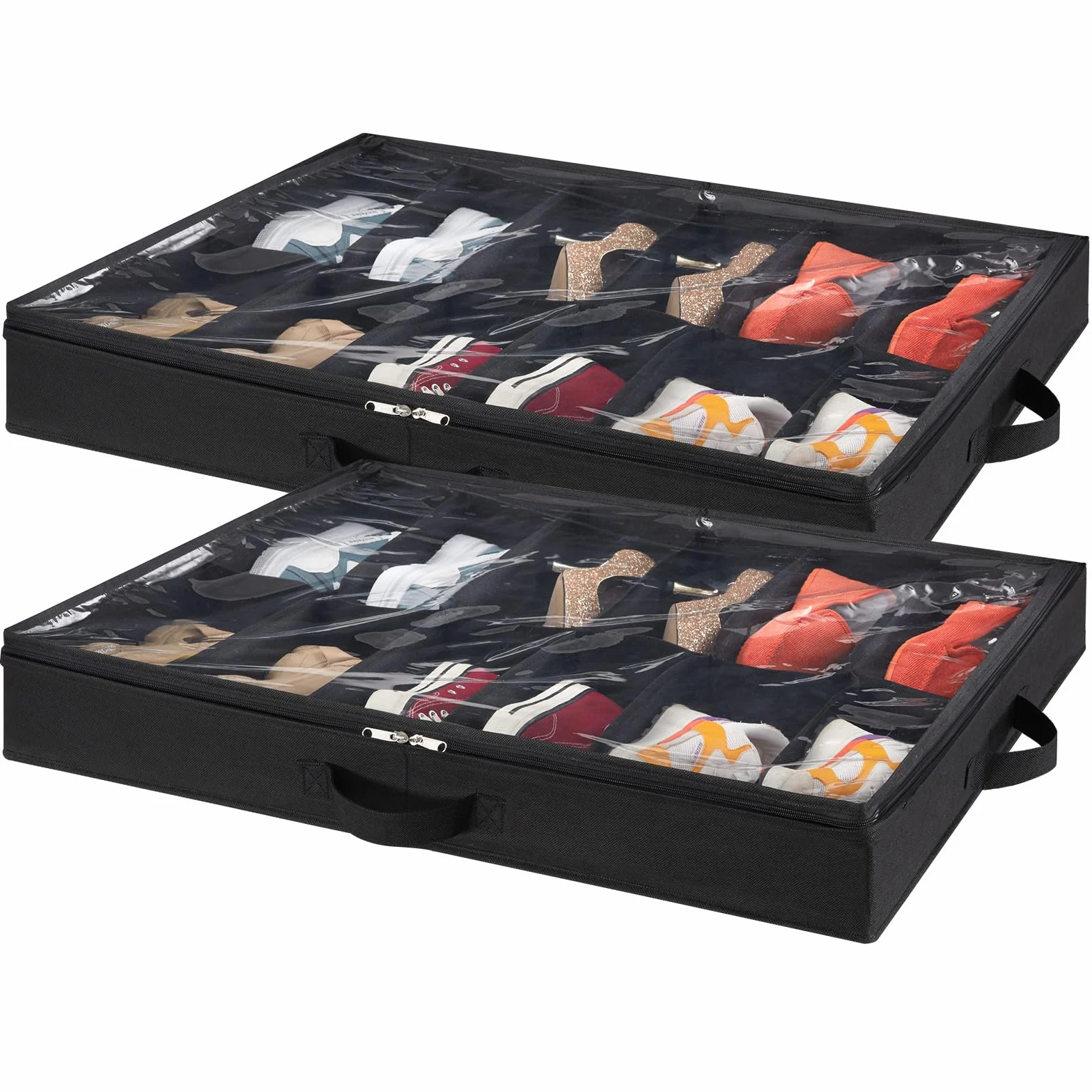 Lifewit Bolsas de Almacenamiento para Zapatos con Ventana Transparente, Cajas Almacenaje Zapatos Plegables Debajo de la Cama con Asas, Organizador Zapatos, Negro, 2 x 12 Pares
