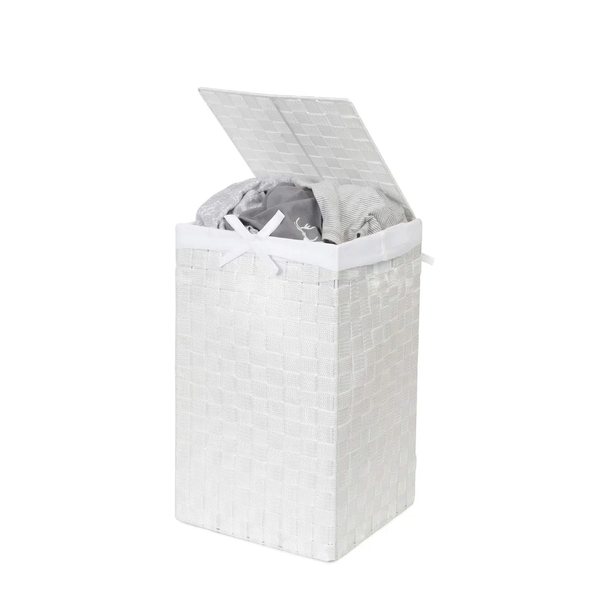 Cesto de almacenaje para ropa de forma cuadrada con tapa. Modelo "Stan". Material. Hilo trenzado. Color blanco. Tamaño: 30 x 30 x 50 cm. RAN6889