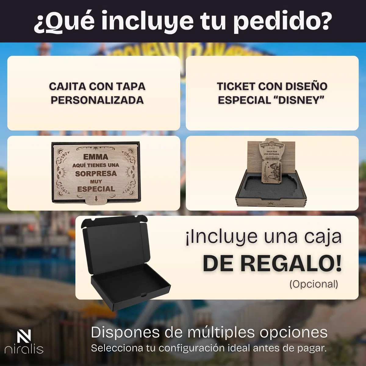 Caja Regalo Parque Warner Personalizada | Sorpresa Original para Anunciar Entrada Warner | Regalo Parque Warner Madrid Niños y Adultos | Modelo en Madera Blanco o Roble (Roble, Sin personalizar)