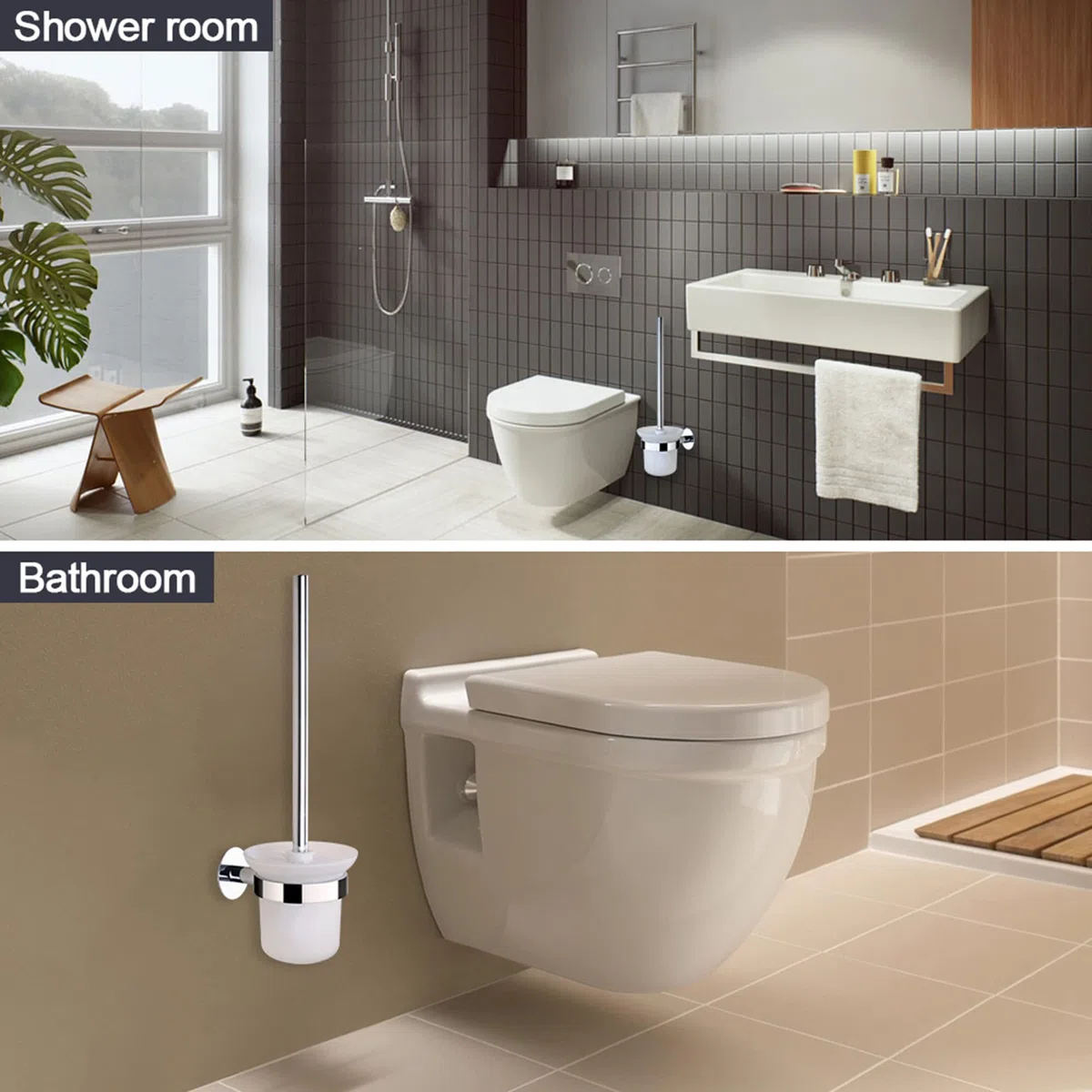 Escobillas de Baño Pared sin Taladro Escobilla WC Cromo Aceros Inoxidable con Adhesivo Soporte Escobilla de Pegar Escobillero Baño con 2 Cepillo Inodoro Blanco y Portaescobillas de Vidrio