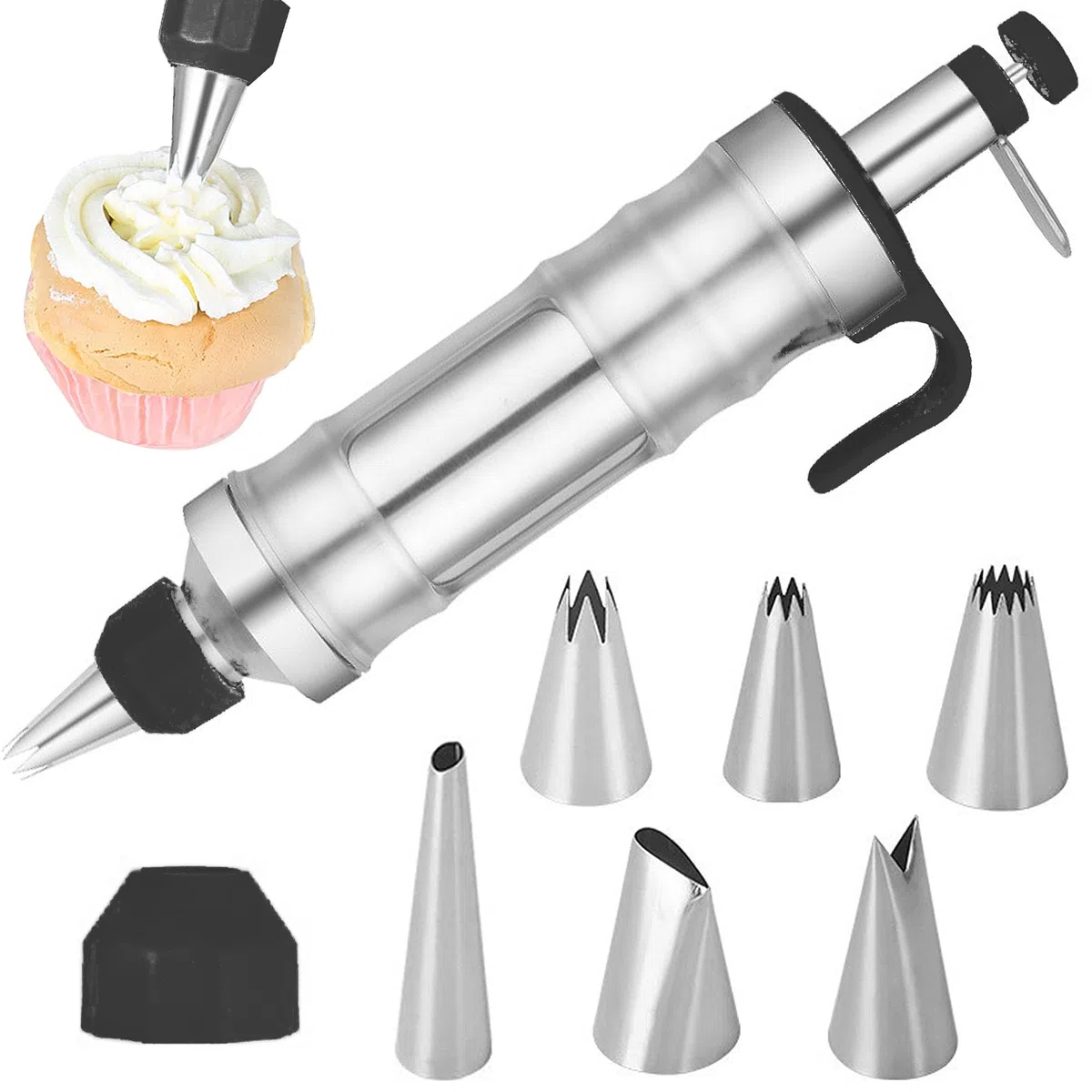 Jeringa de acero inoxidable con 6 boquillas con recipiente transparente para cupcakes y pasteles