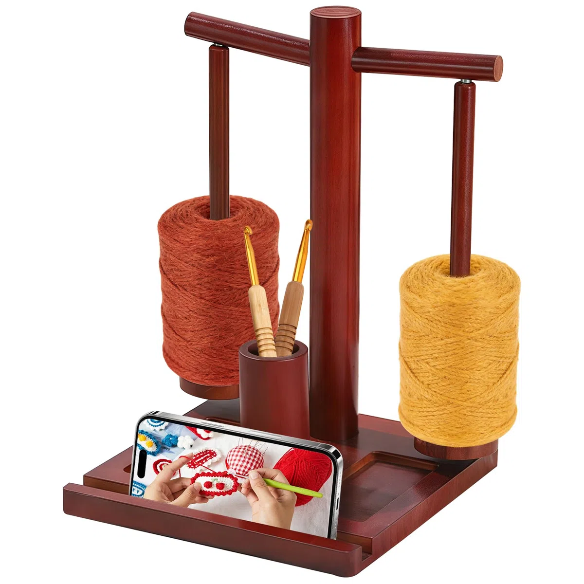 Desbobinador de lana magnético doble, soporte de lana de madera con accesorios de punto, organizador de lana, con soporte para teléfono móvil