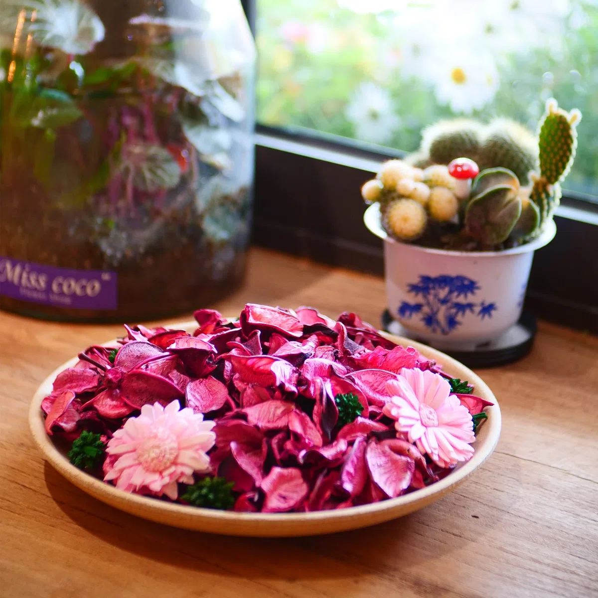 Qingbei Rina Popurrí de primavera aroma, decoración de popurrí de rosas, popurrí de flores de flores D'ekorative florero, bolsitas de frangrance para el hogar, 90 g