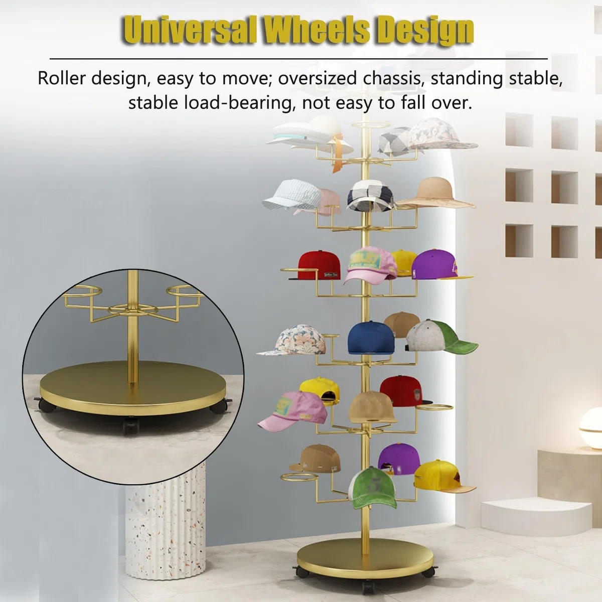 Expositor de Sombreros, Estante de Almacenamiento de Sombreros de 4, 5, 6 y 7 Niveles, Torre de exhibición de Gorras de Metal Independiente con Ruedas giratoria,White-4