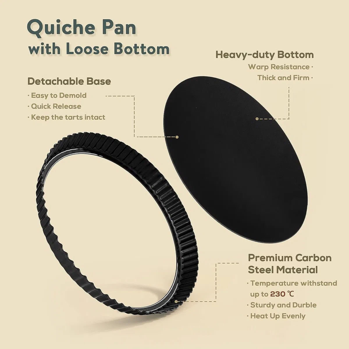 Molde para quiche, 28 cm, con base elevadora, antiadherente, redondo, borde ondulado, molde para tartas de frutas, molde para quiche, tarte, acero, gris oscuro