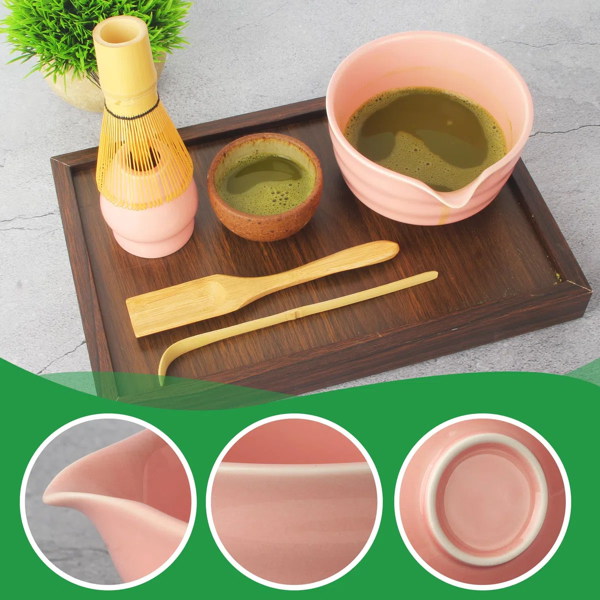 Set de Matcha Rosa, Tazón de Matcha con Vertedor, Soporte de Batidor de Cerámica y Cuchara, Set de Matcha de 5 Piezas Diseñado para los Amantes del Matcha