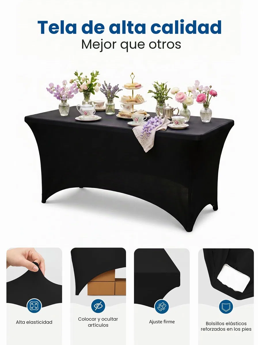 Utopia Kitchen 2 Paquetes de Manteles Rectangulares de Poliéster (6 pies - 183 cm) Elásticos de Spandex, Cubre Mesas para Bodas, Bares, Artesanías, Exposiciones (Negro)