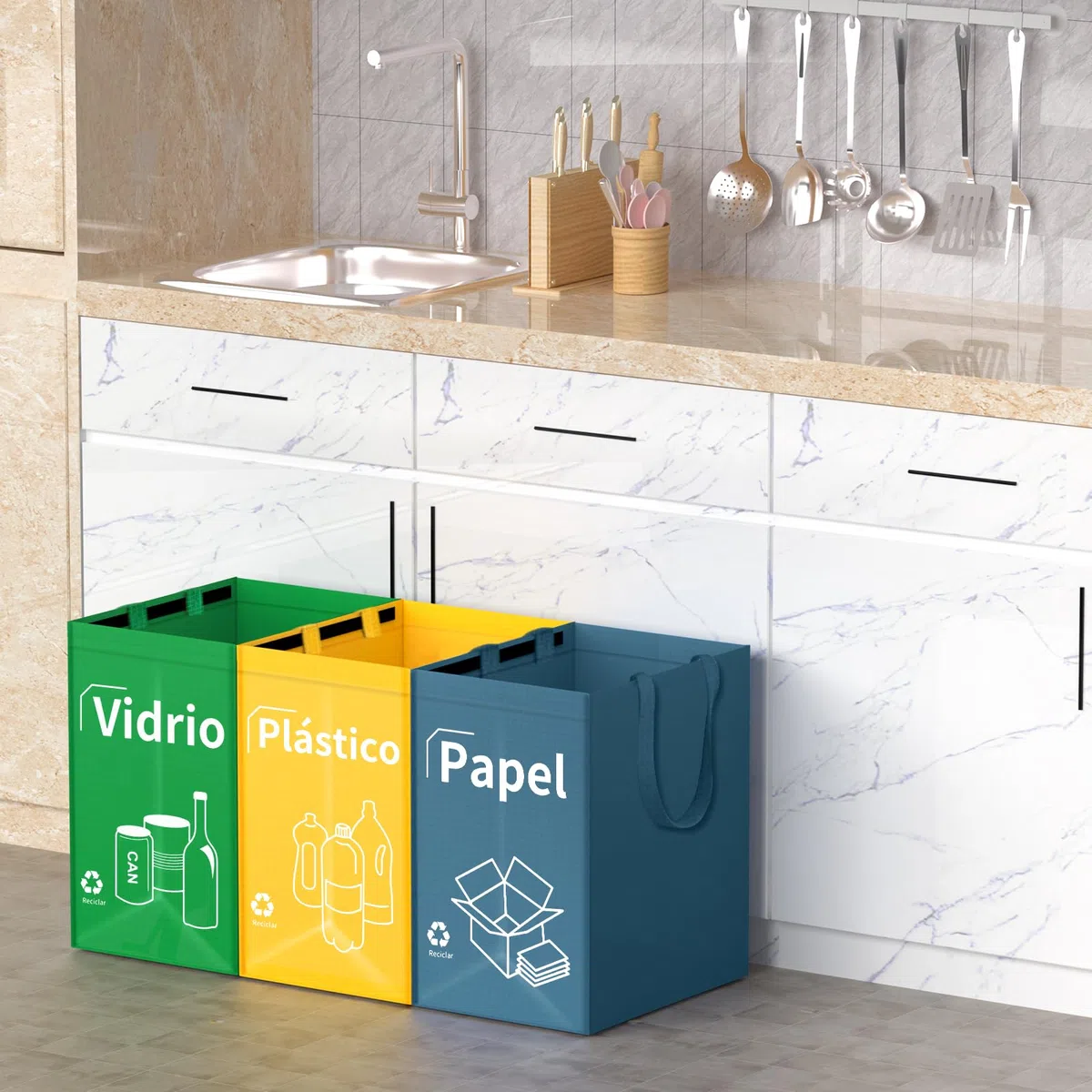 Opret Cubos de Basura Reciclaje 3 Piezas 40L con Asas para Papelera Vidrio Plástico Cocina