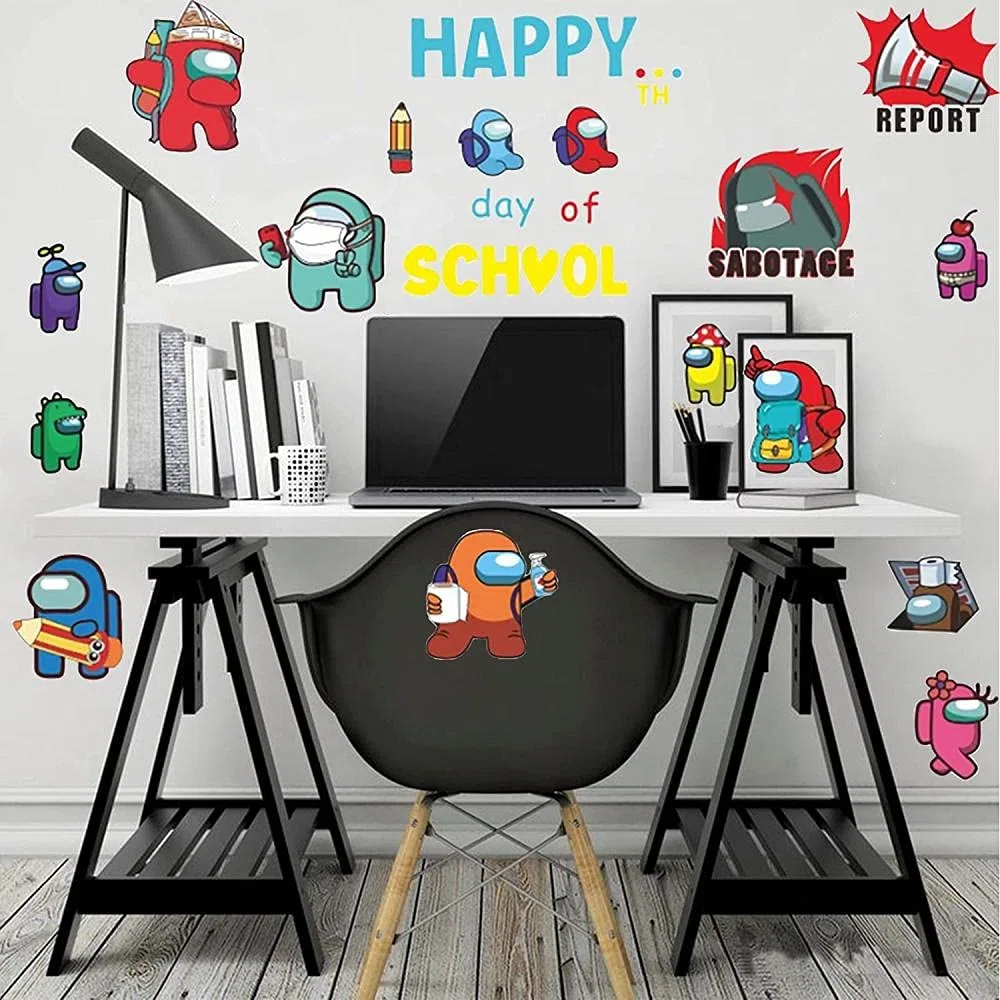 Among Us Wall Stickers 21Pcs / Sheet for Bedroom Wall Decals Happy Day of School for Wall Decor for Kids Computer Desk Wall Impermeables Hot Game Stickers para portátiles Botellas de agua