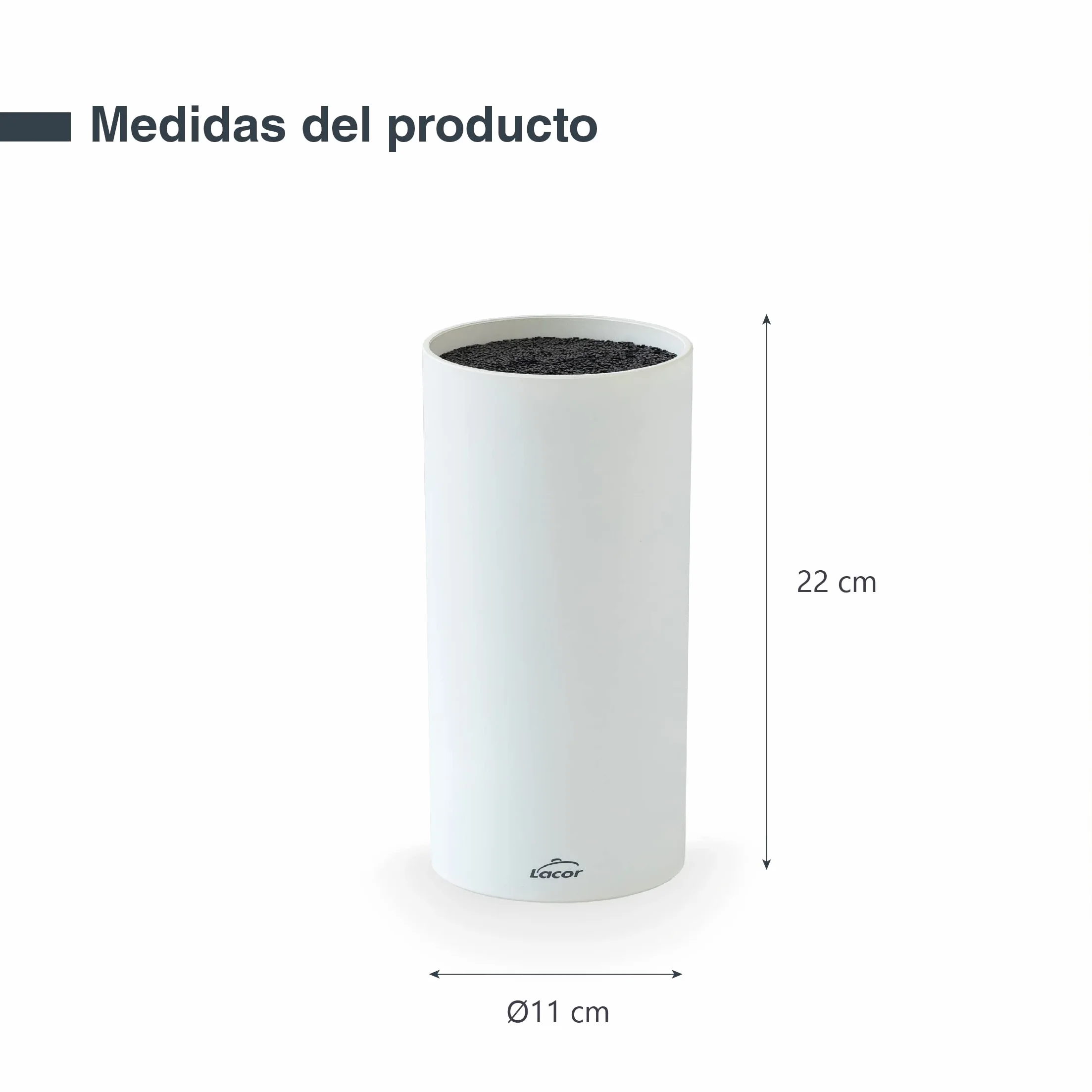 Lacor - 39037 - Taco de Cuchillos White, Bloque Universal para Cuchillos, Multidireccional, Color Blanco mate, Ø11cm, Altura 22cm, Apto para Lavavajillas.