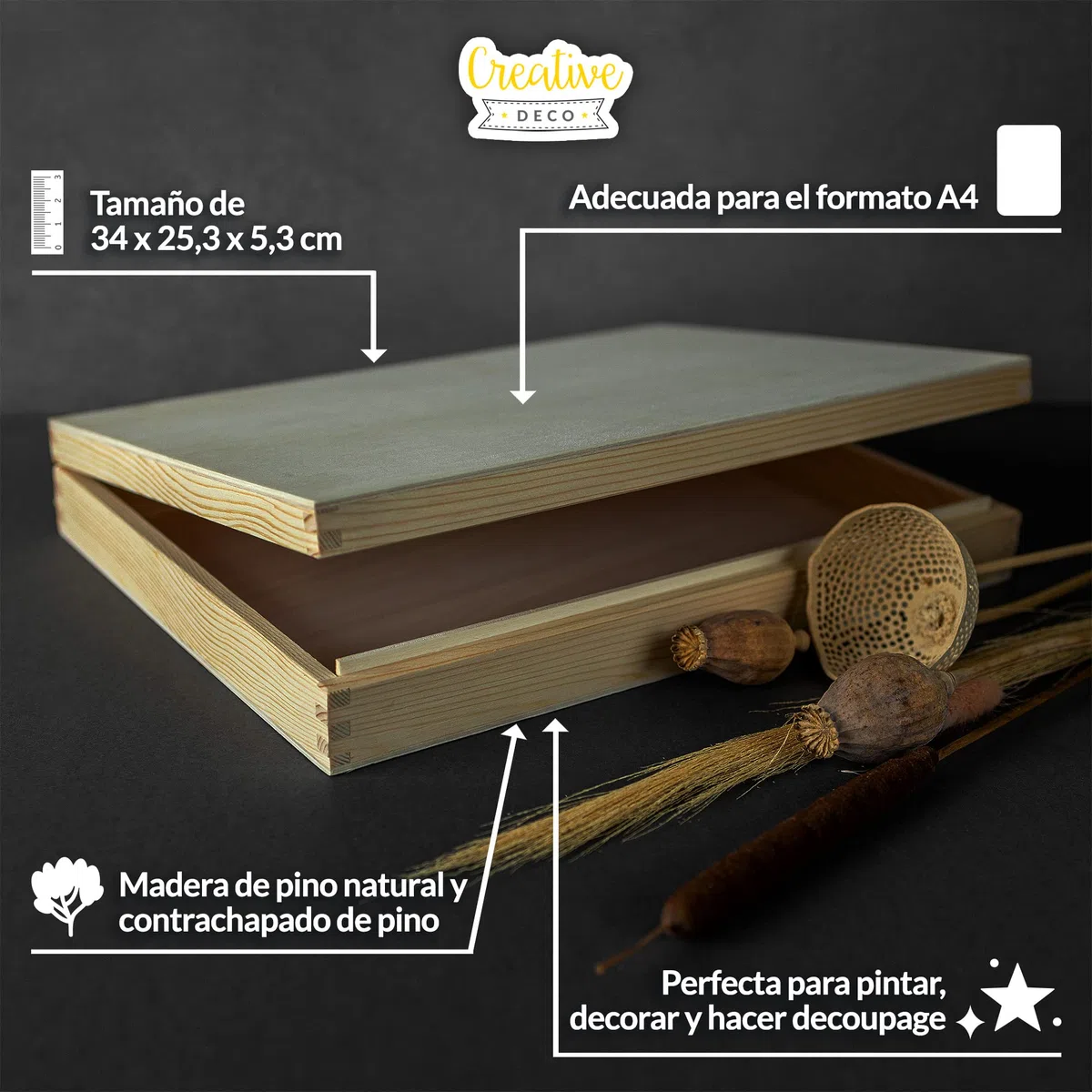 Creative DECO A4 Caja Madera para Decorar con Tapa Pascua | 34 x 25,3 x 5,3 cm | Documentos Decoración Papeles Cartas Almacenaje Decoupage Herramientas Objetos de Valor Juguetes
