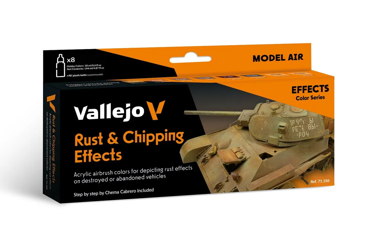 Vallejo Model Color Set de Pintura Acrílica Efectos de Oxido y Desgaste. Kit de 8 Colores de Acabado Mate para Aerógrafo en Botellas de 18 Ml con Cuenta Gotas para Efectos de Óxido y Envejecimiento